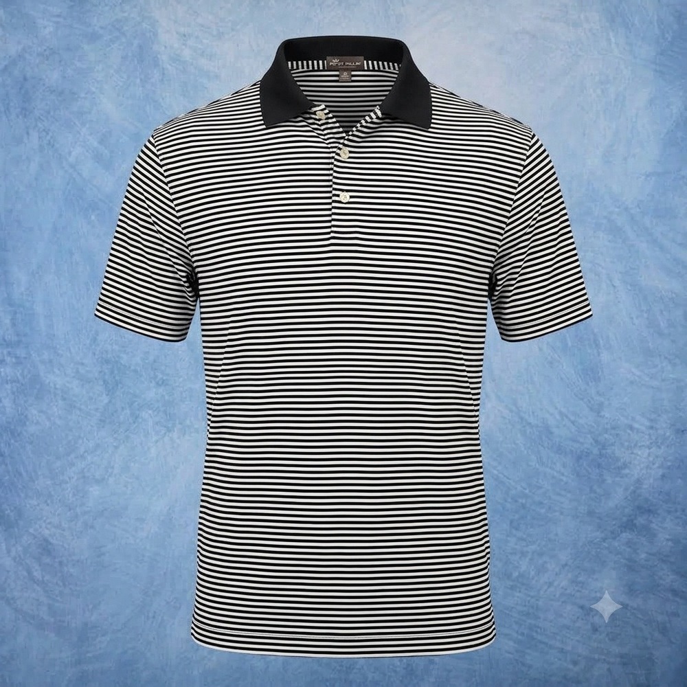 Peter Millar Summer Comfort Polo Shirt Mens Large Black White Striped Golf Short
